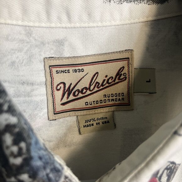 Woolrich Button Up Shirt Mens Large White Camping All Over Print AOP Outdoors - Picture 5 of 9